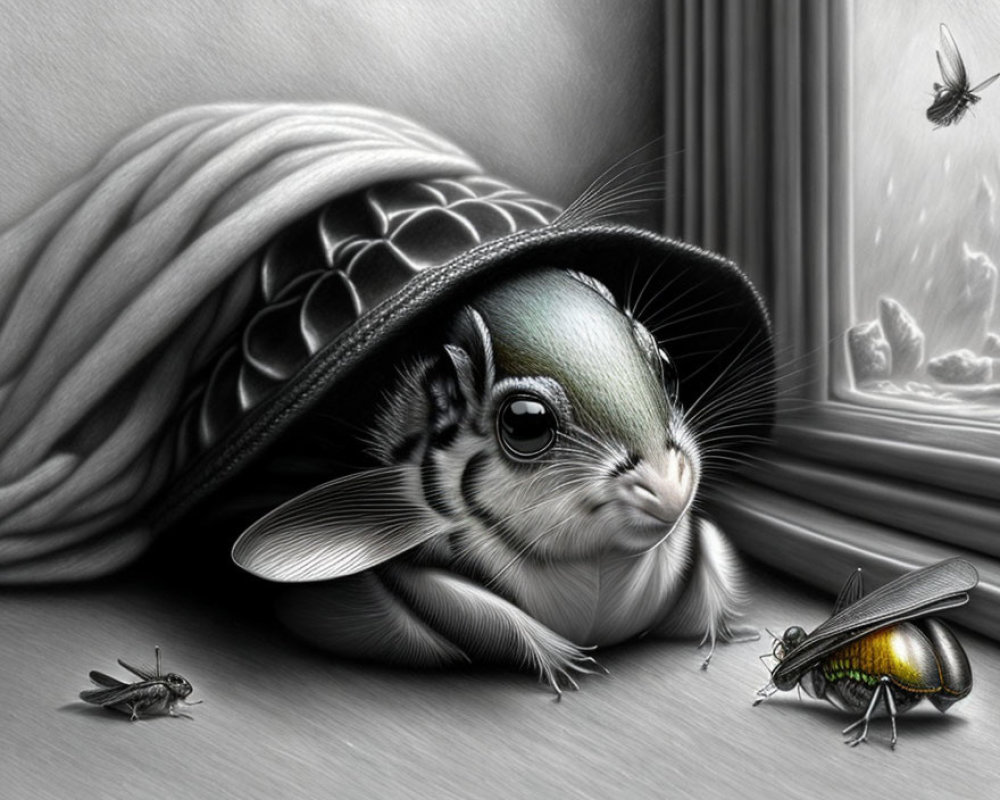 Monochromatic illustration of a squirrel with armadillo shell, observing insect and fly