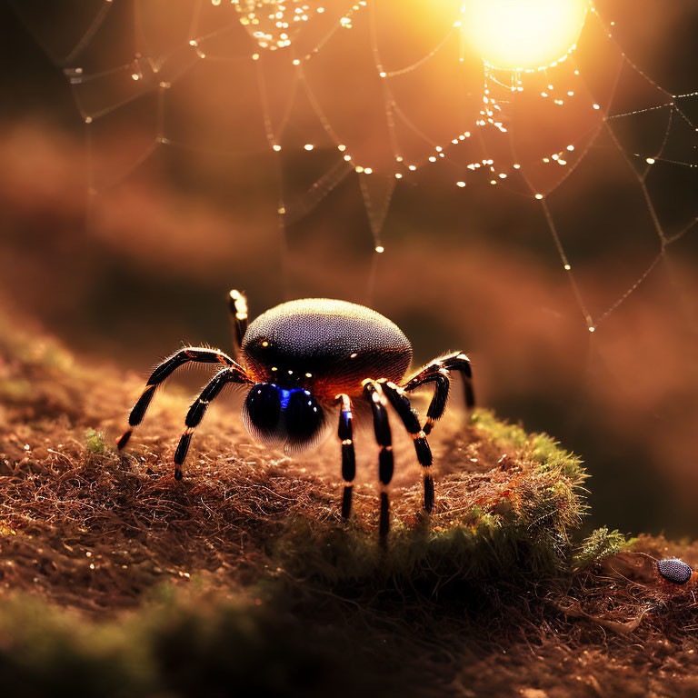 Spider on Moss with Glowing Web in Golden Sunlight