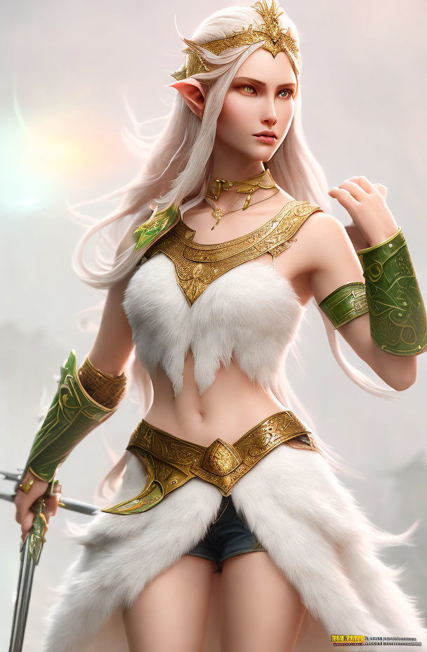 Ethereal elf woman in gold-trimmed armor with spear and glowing light