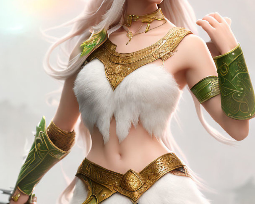 Ethereal elf woman in gold-trimmed armor with spear and glowing light