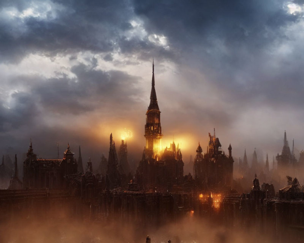 Gothic fantasy cityscape at dusk with illuminated tower and misty atmosphere