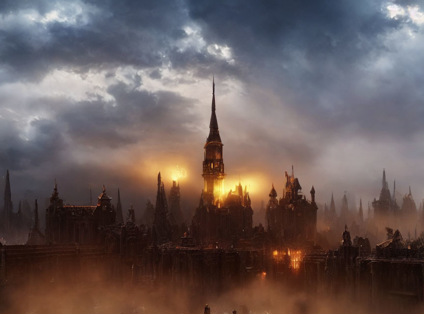 Gothic fantasy cityscape at dusk with illuminated tower and misty atmosphere