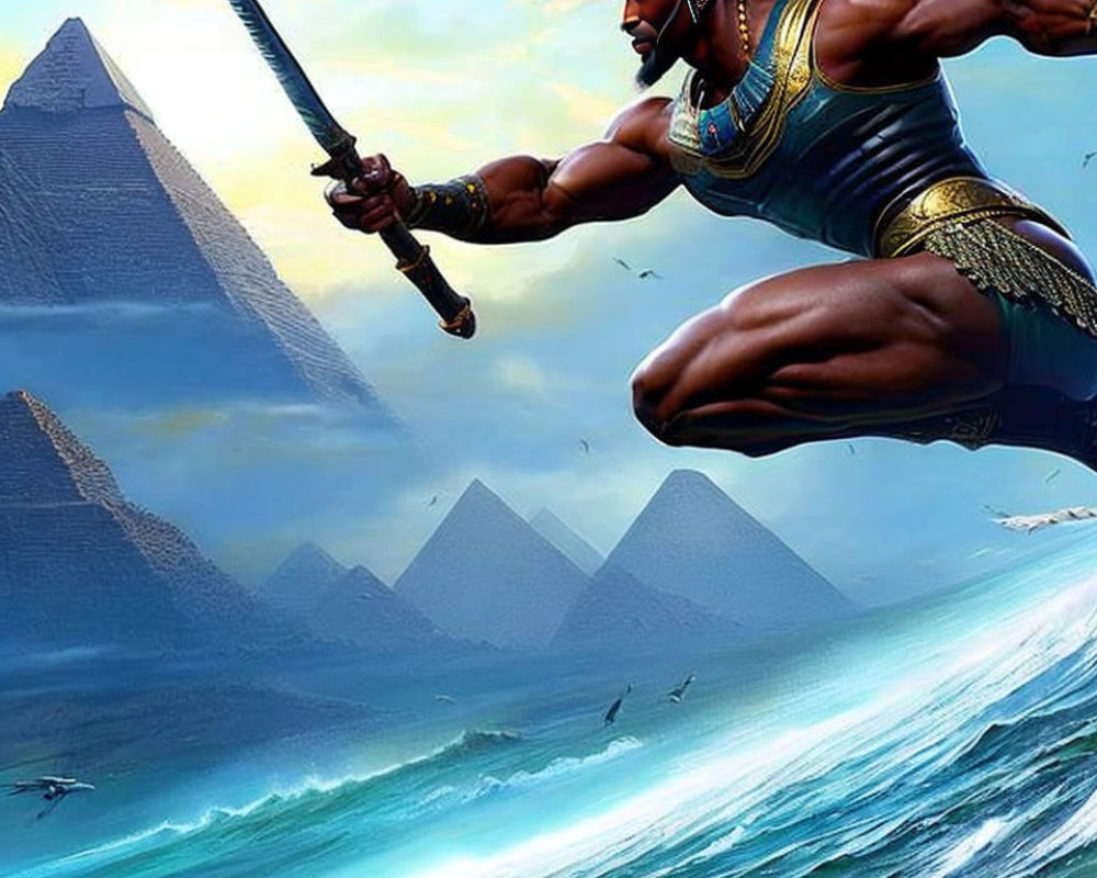 Animated warrior leaping with raised sword over ocean and pyramids, evoking ancient Egyptian theme.