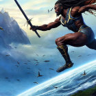 Animated warrior leaping with raised sword over ocean and pyramids, evoking ancient Egyptian theme.