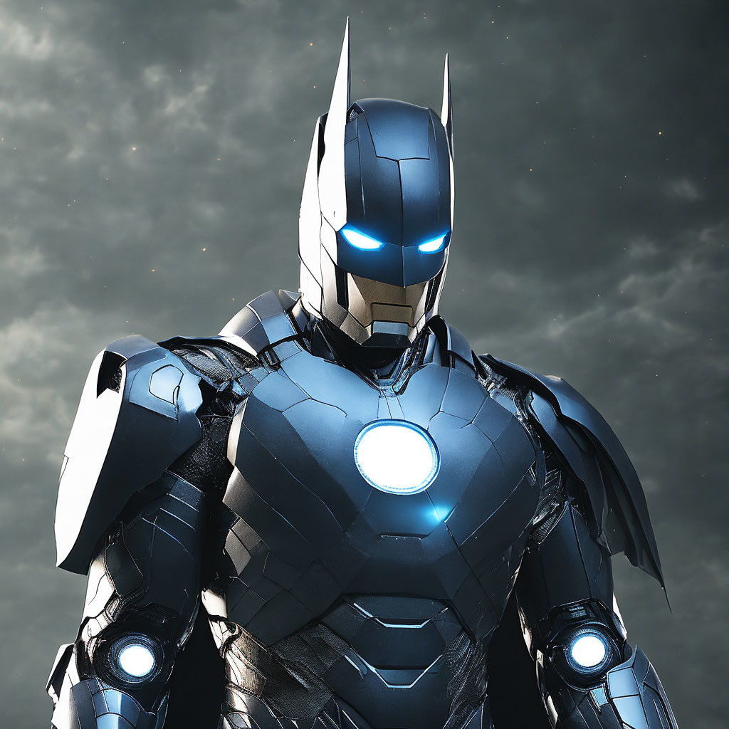 Armored character with glowing arc reactor and blue eyes against night sky