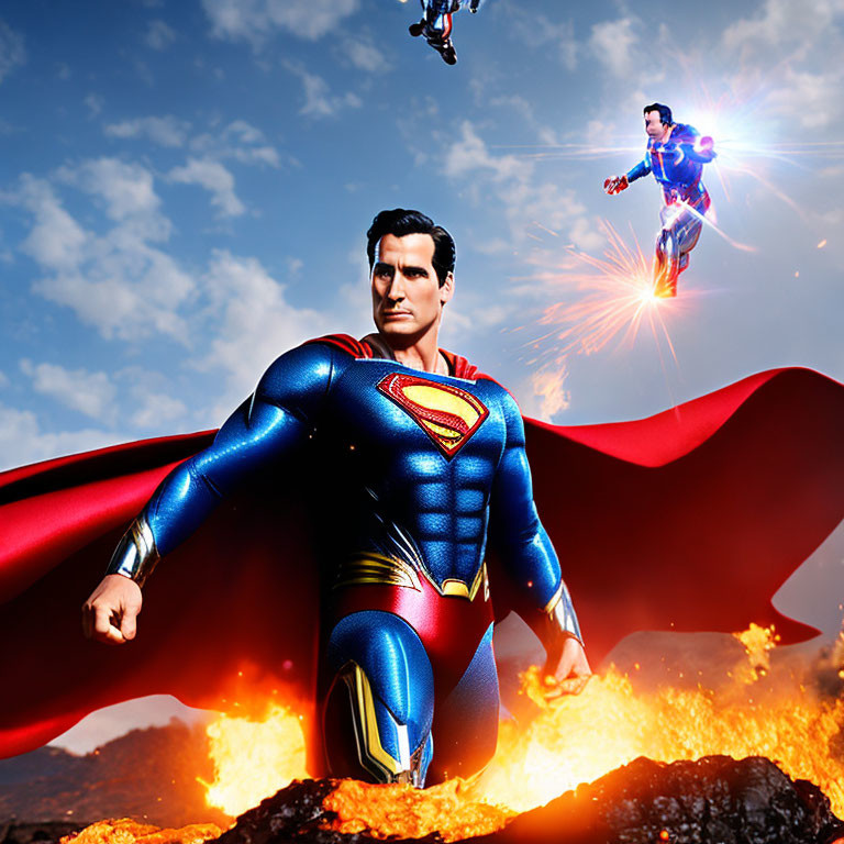 Superman illustration with fiery explosion and flying figure