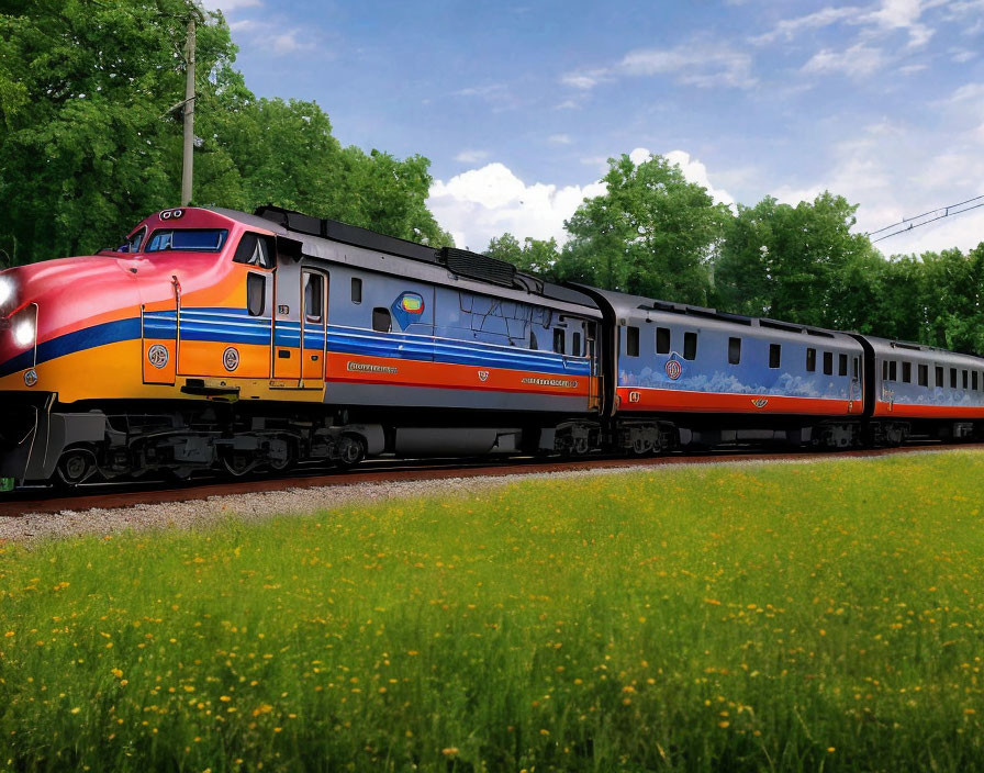 Colorful locomotive pulling wagons through scenic landscape with blue and red hues.