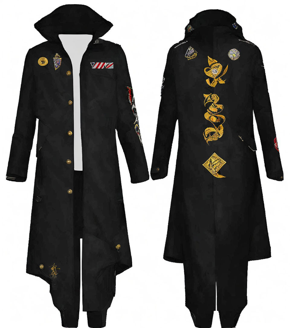 Black Long-Sleeve Trench Coat with Colorful Patches and Snake Design