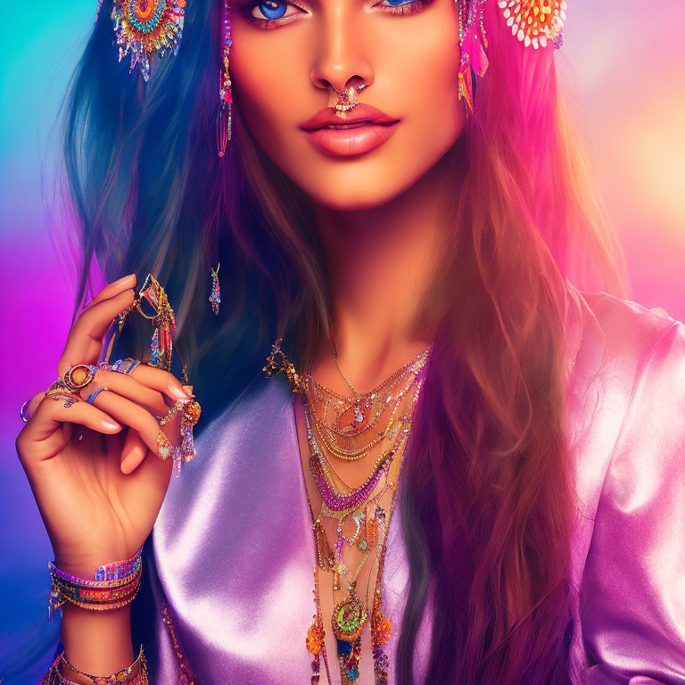 Woman adorned with vibrant jewelry and makeup against colorful background