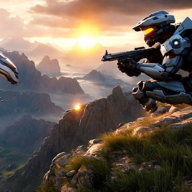 Futuristic armored soldier with gun in mountainous sunset scene