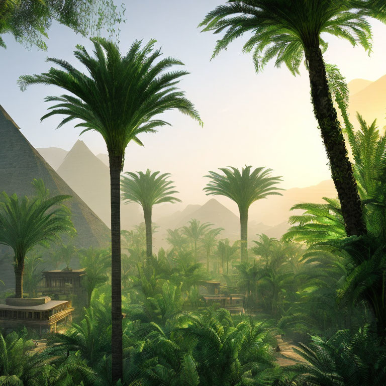 Tropical scene with palm trees, pyramids, and wooden structure