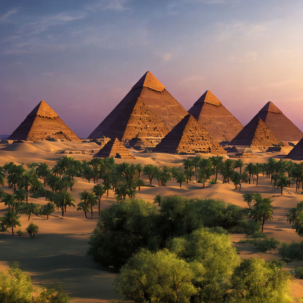 Ancient Pyramids of Giza at Twilight with Palm Trees in Desert Oasis