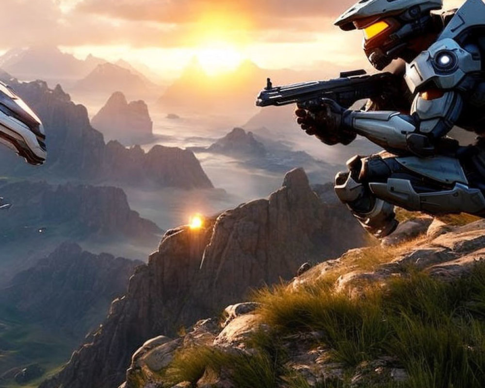 Futuristic armored soldier with gun in mountainous sunset scene