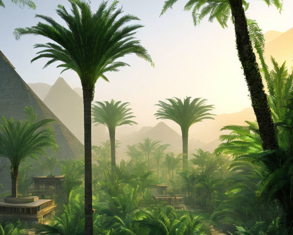 Tropical scene with palm trees, pyramids, and wooden structure