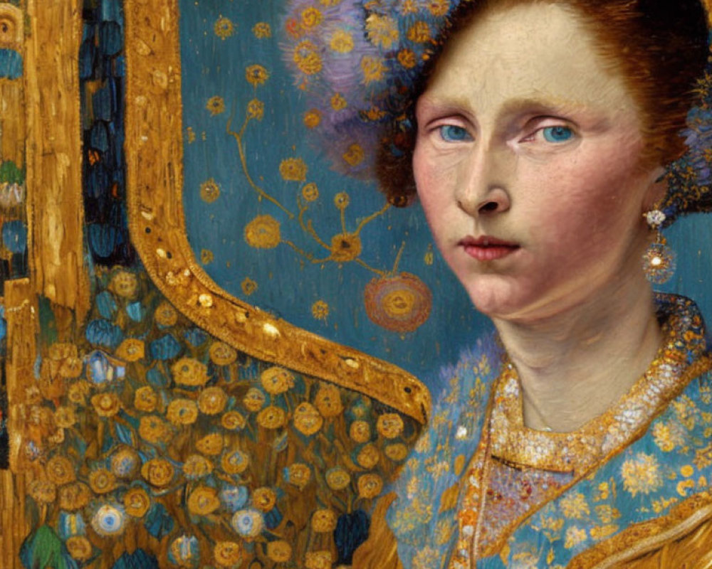 Detailed Portrait of Woman with Pale Skin and Blue Eyes in Front of Golden Floral Patterns