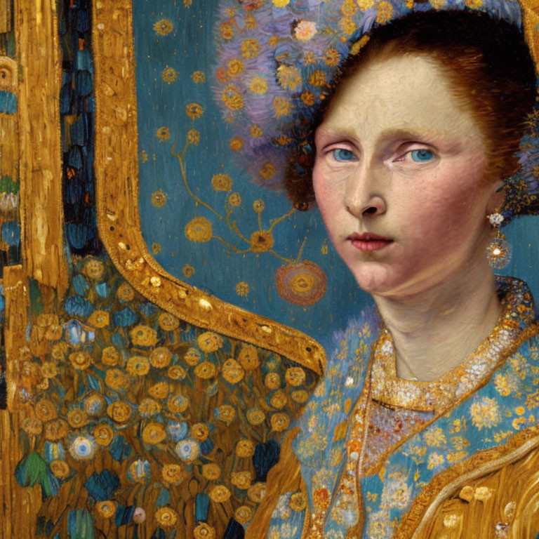 Detailed Portrait of Woman with Pale Skin and Blue Eyes in Front of Golden Floral Patterns