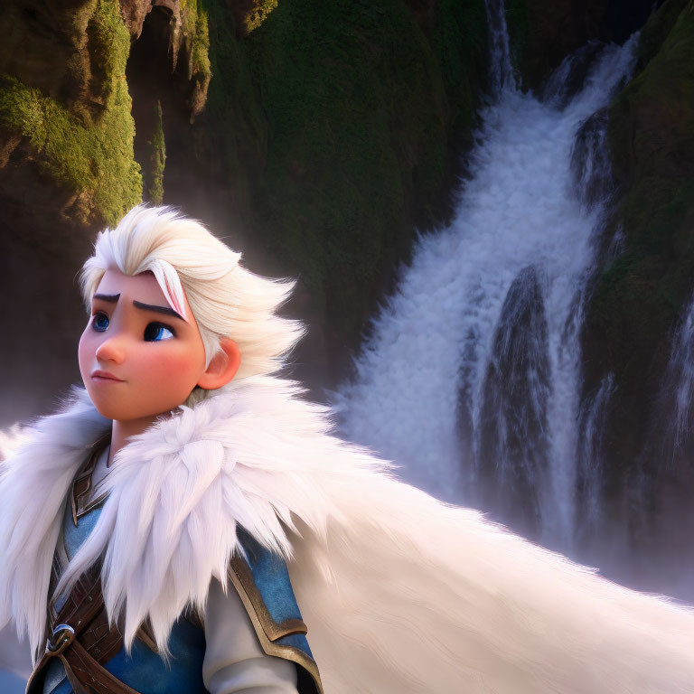 Animated character with white hair in pensive pose against lush waterfall background