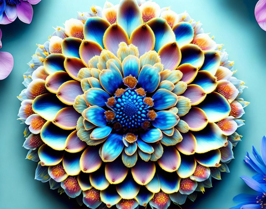 Digitally Enhanced Blue and Gold Flower on Teal Background