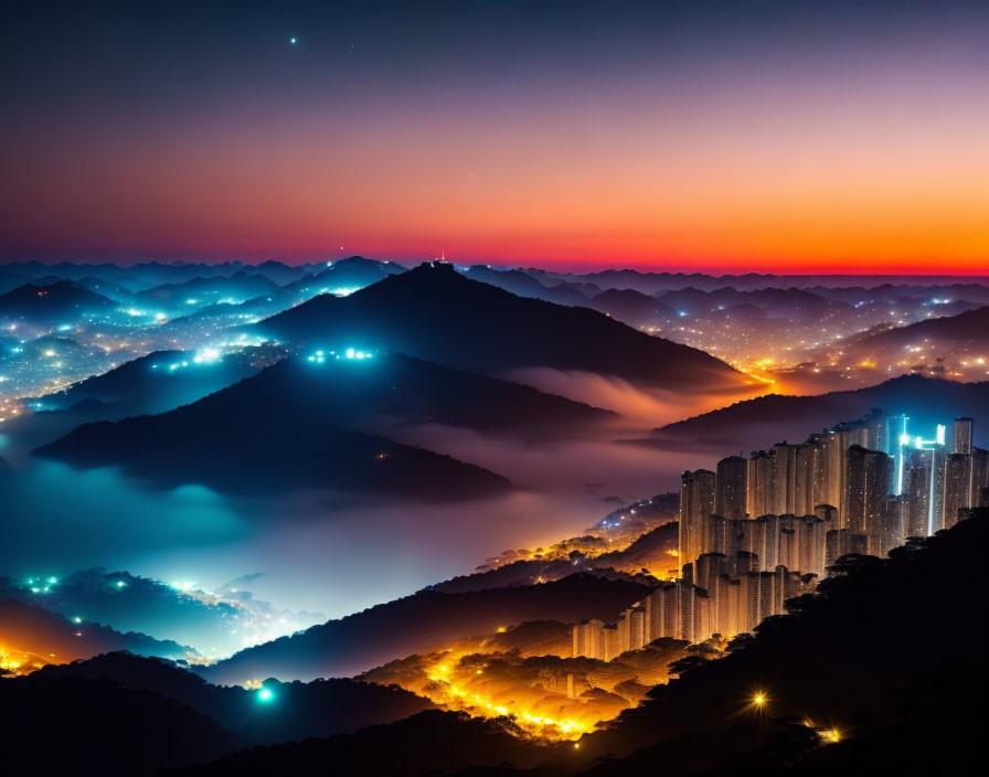 Cityscape with illuminated skyscrapers against fog-covered hills at dusk