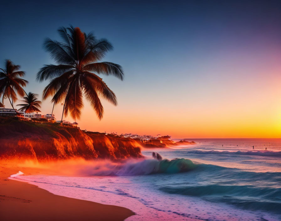 Scenic tropical beach sunset with palm trees, orange sky, crashing waves, and distant cliff buildings.