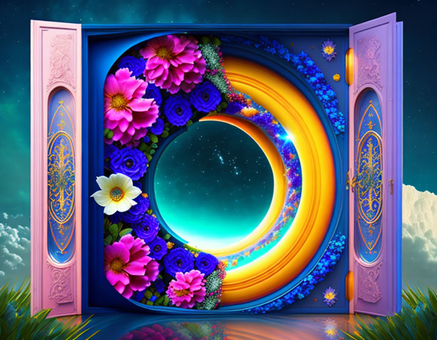 Ornate open door with cosmic scene and floral number 6 against starry sky