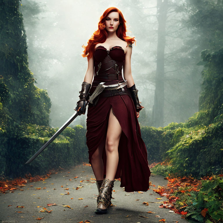 Red-haired woman in medieval warrior costume with sword in misty forest.