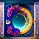 Ornate open door with cosmic scene and floral number 6 against starry sky