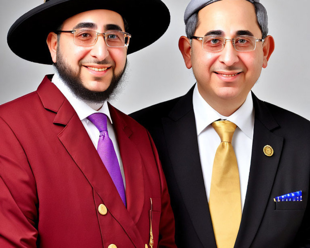 Two Men in Formal Wear, One with Black Hat, Posing Against Grey Backdrop