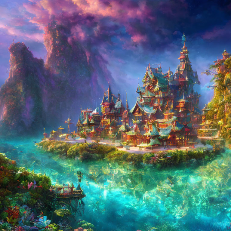 Colorful fantasy landscape with intricate buildings and lush greenery under a dreamy sky