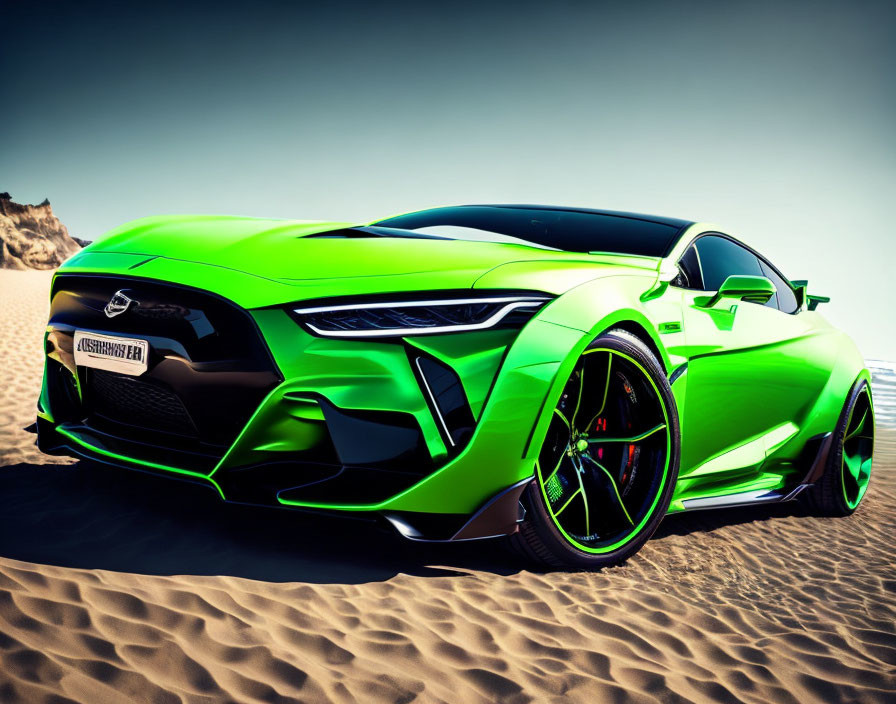 Sleek modern design: vibrant green sports car on sandy terrain