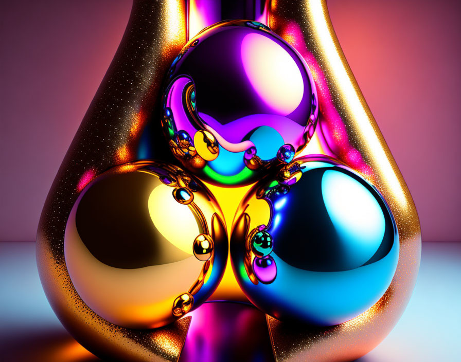 Vibrant 3D abstract art: shiny spheres, curves on pink-purple gradient.