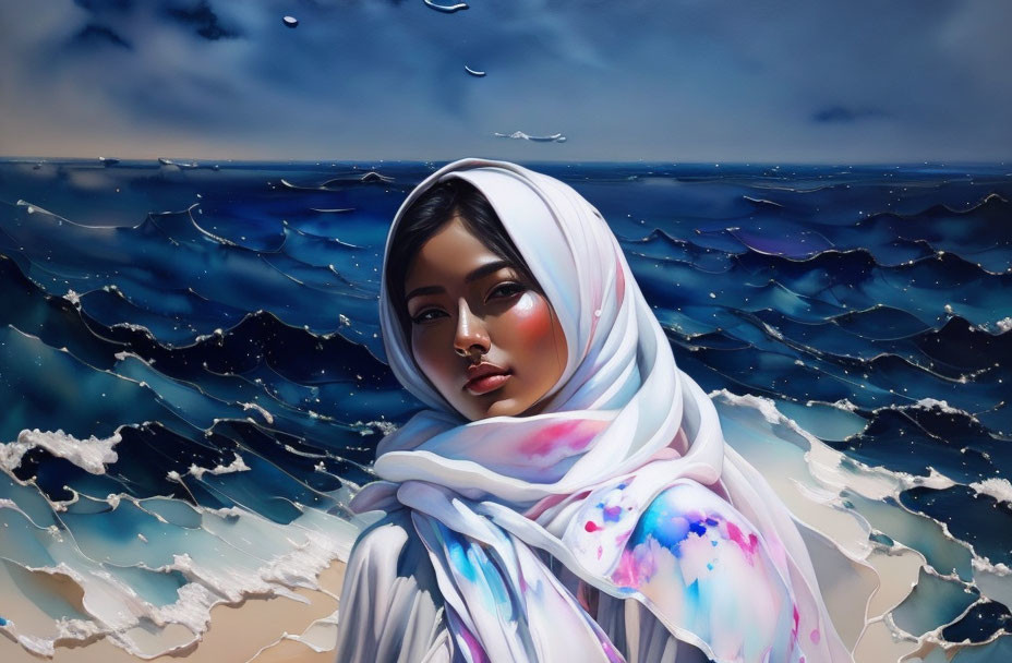 Woman with White Scarf in Artistic Ocean Background