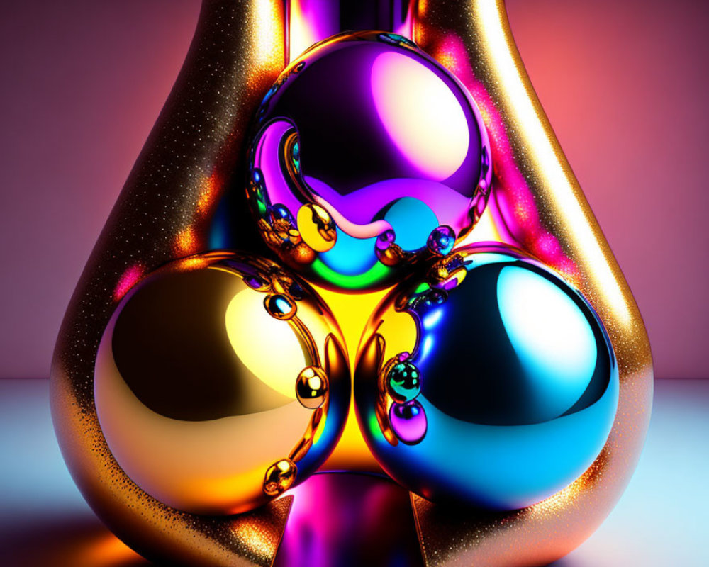 Vibrant 3D abstract art: shiny spheres, curves on pink-purple gradient.