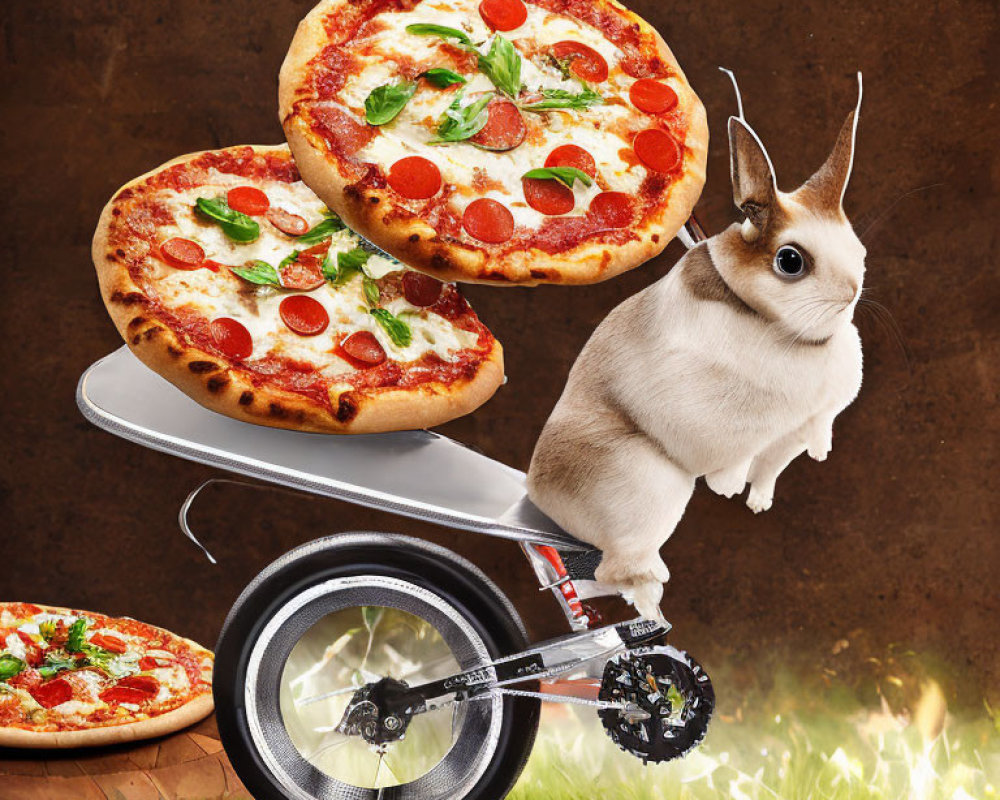 Rabbit on unicycle with stack of pepperoni pizzas in whimsical motion background