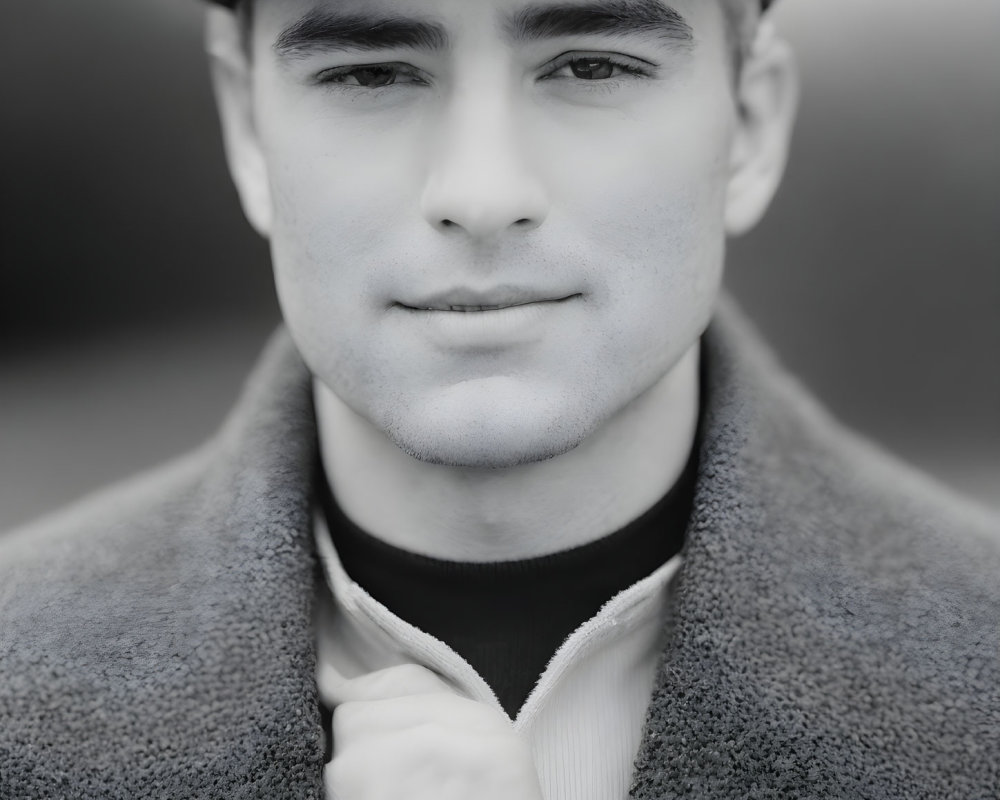 Monochrome portrait of man in beret, coat, and black shirt