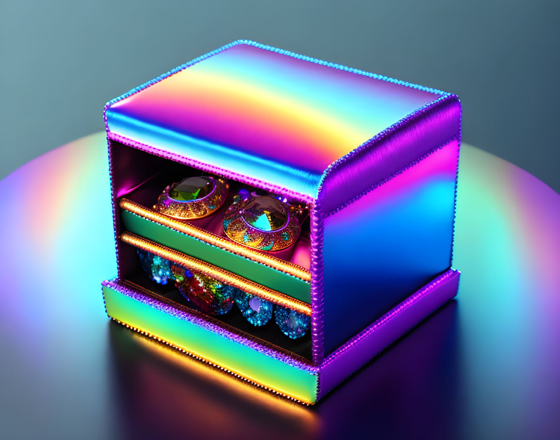 Iridescent treasure chest with glossy finish and embedded jewels.