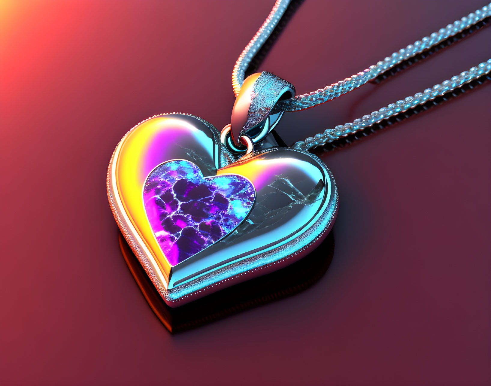 Double Heart Pendant with Cosmic Texture and Diamond-Encrusted Edge on Sleek Chain on Red Background