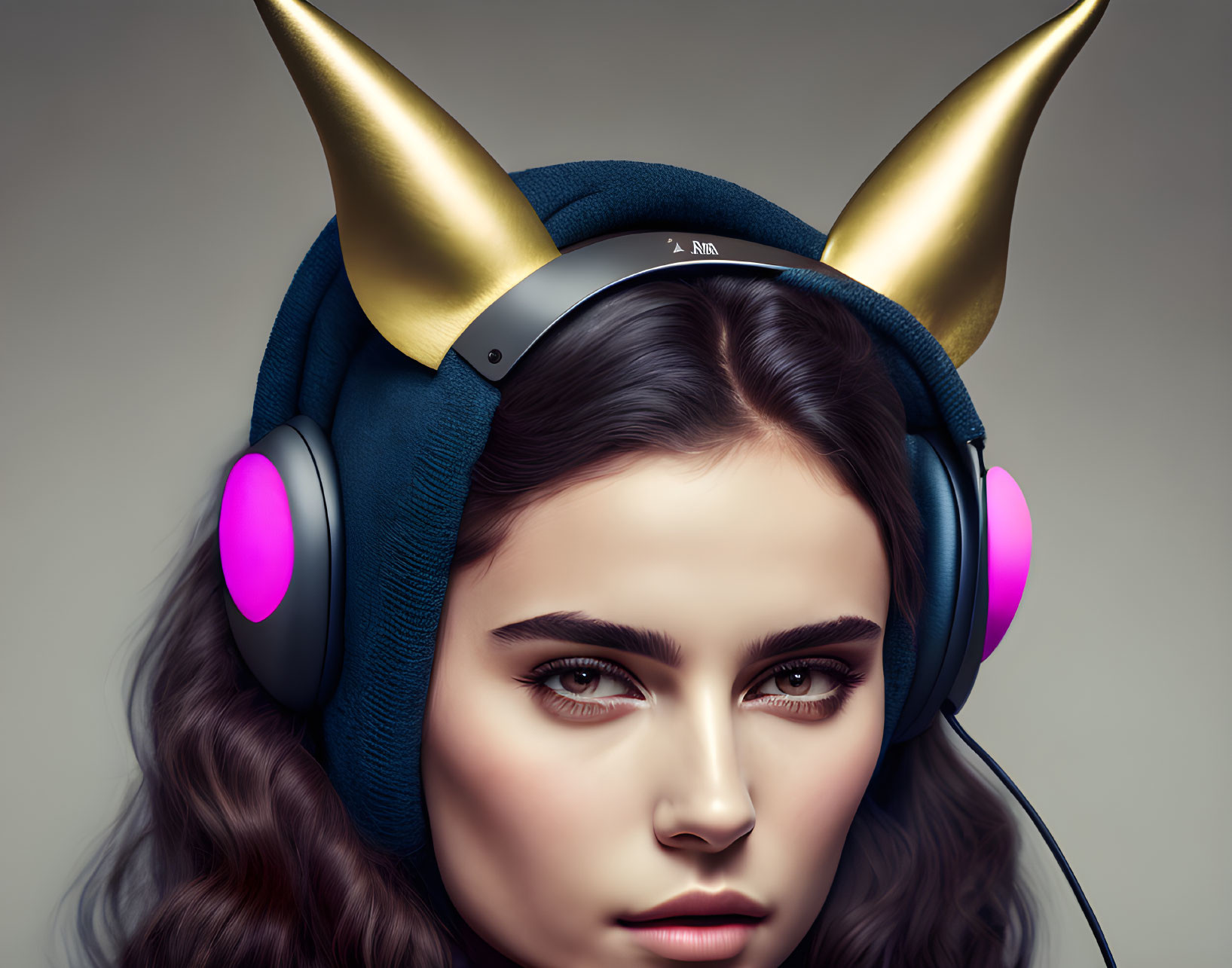 Intense gaze woman with golden horns headset on gray background