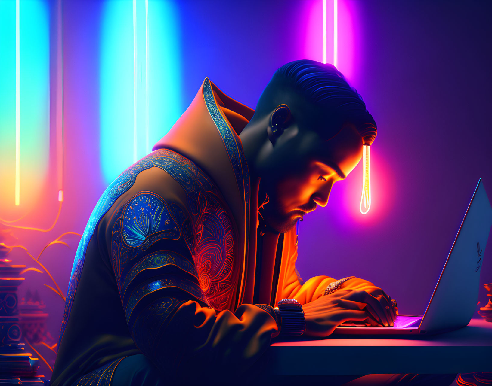 Man in ornate jacket working on laptop under vibrant neon lights