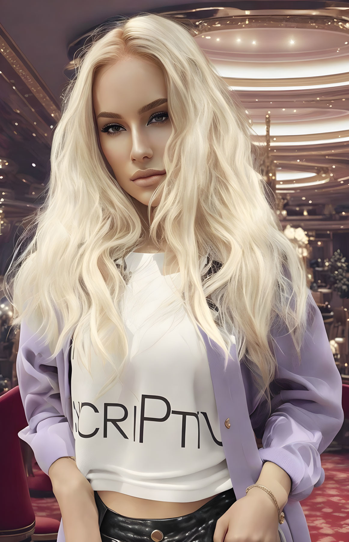 Blonde woman in "CRYPTO" shirt and lavender blazer art