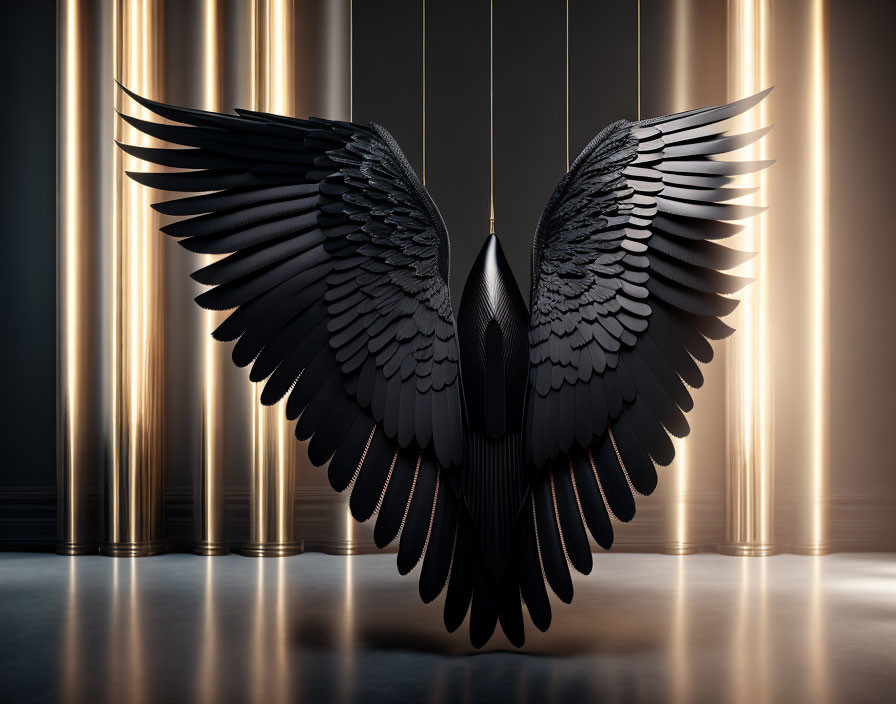 Sleek black sculptural wings in dark room with vertical illuminated accents