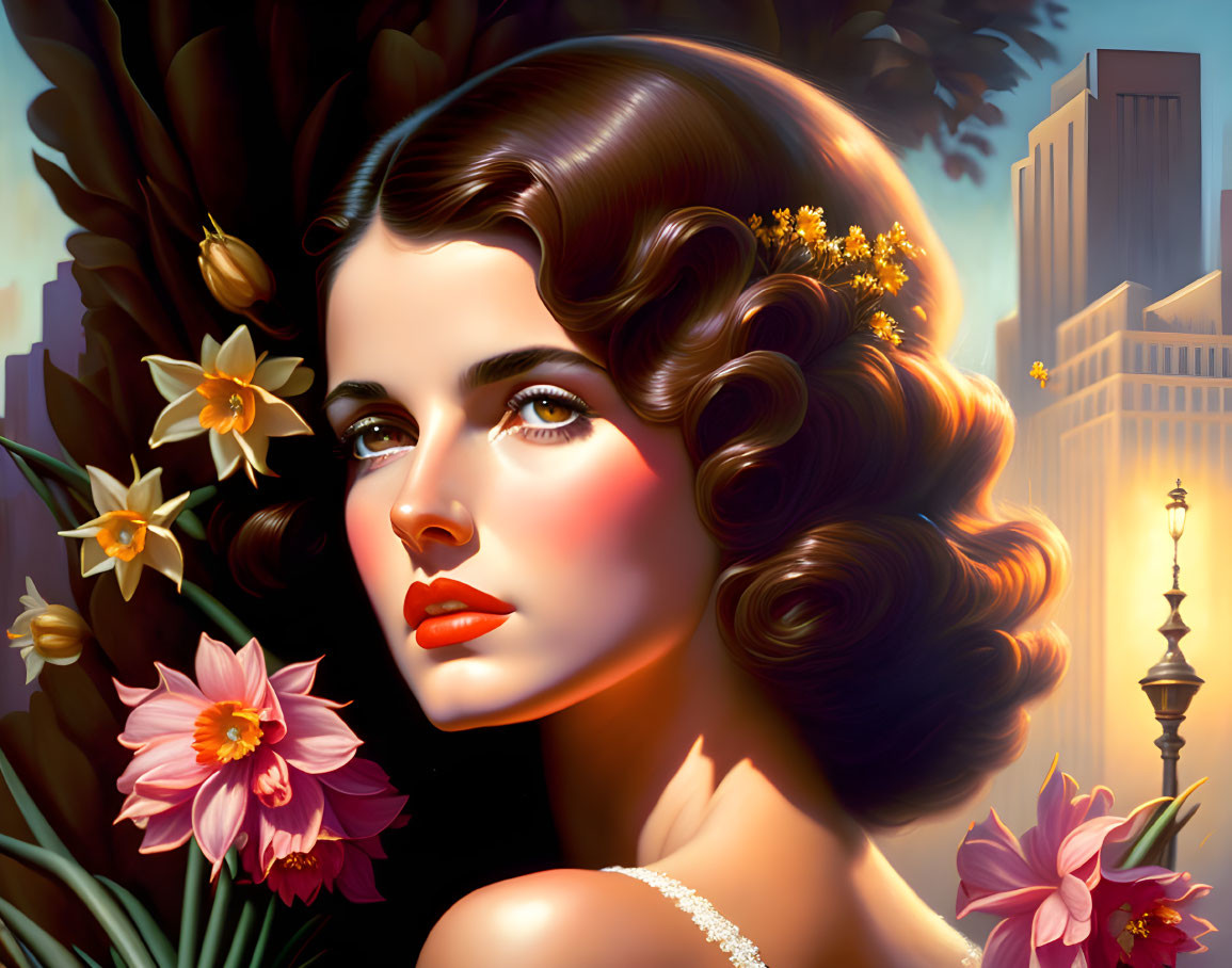 Digital Painting: Woman with Classic Features Surrounded by Flowers and Cityscape