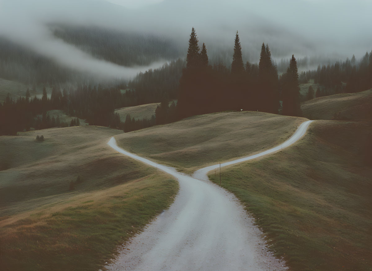 Gravel road splitting in misty forest under overcast skies