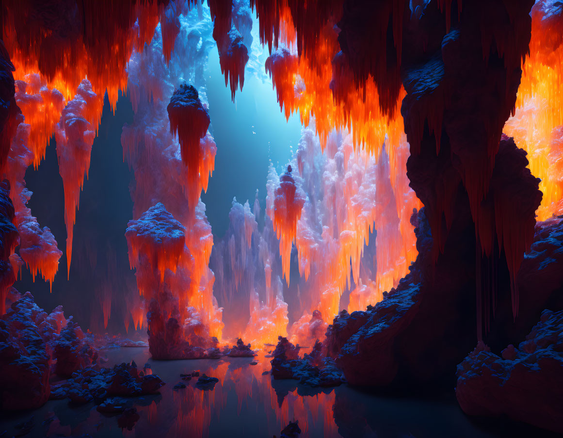 Mystical orange glow illuminates serene underground cave