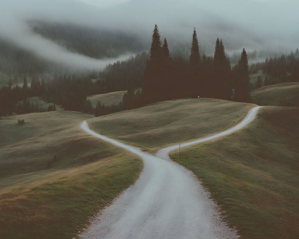 Gravel road splitting in misty forest under overcast skies