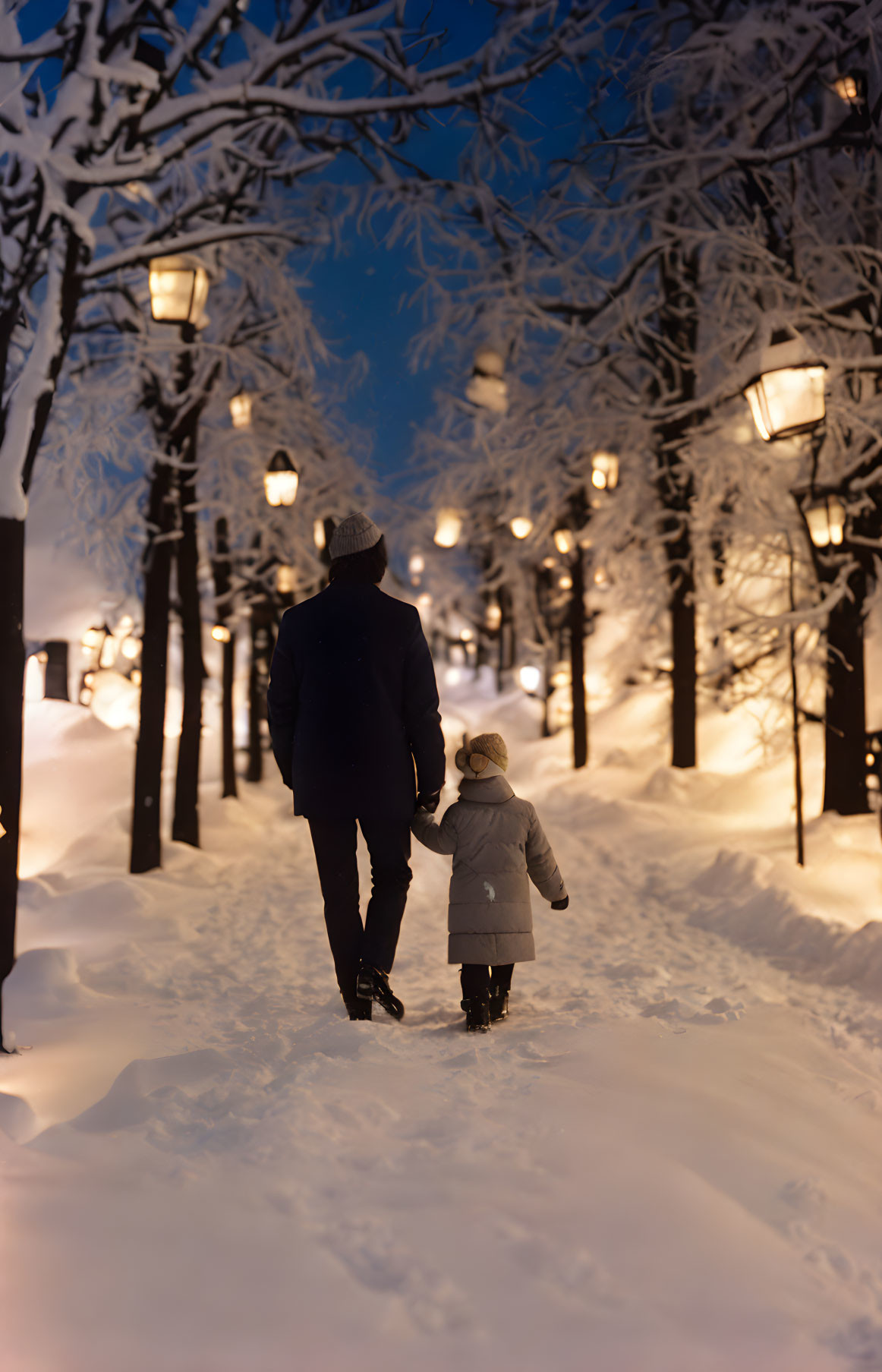 Adult and child walking on snowy path with lit lampposts and trees