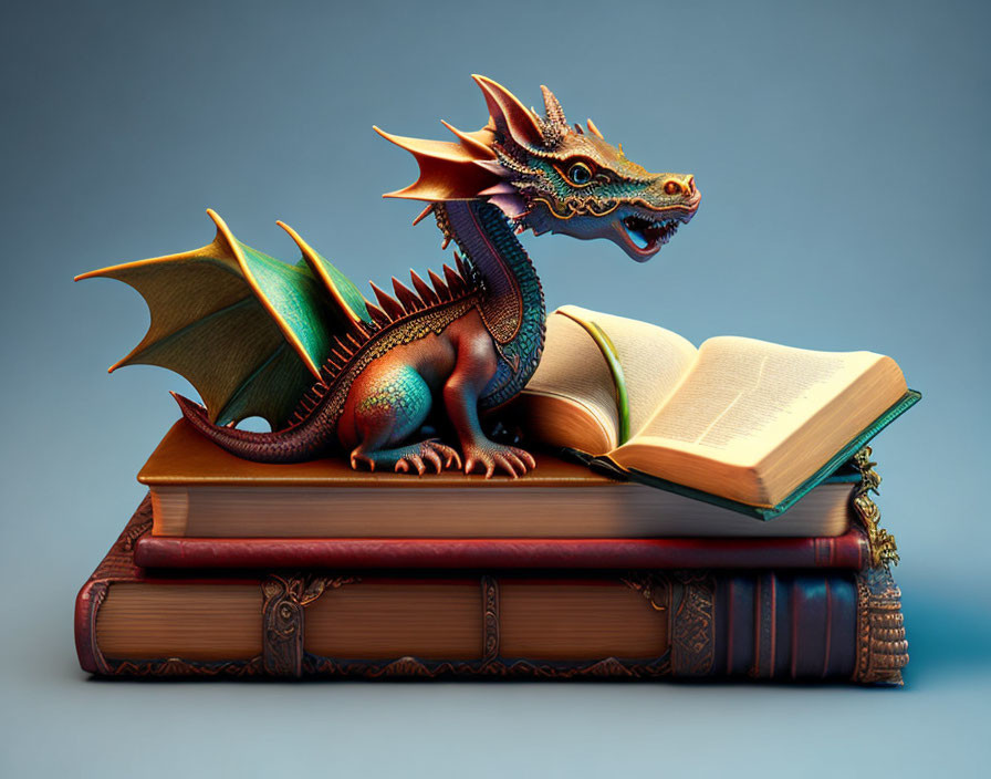 Detailed illustration: Colorful dragon on antique books with open book