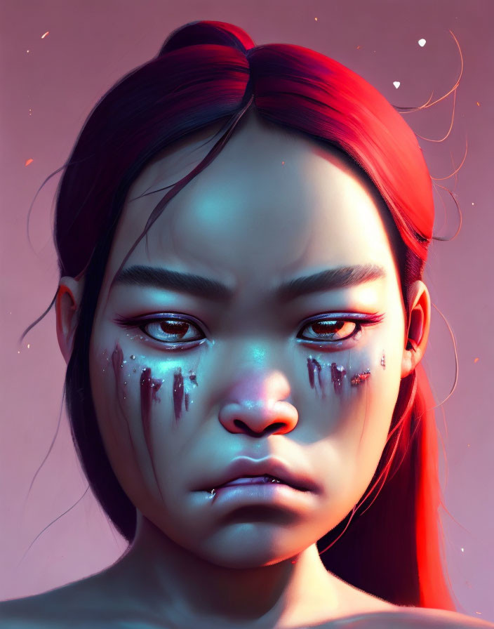 Digital Artwork: Woman with Red Hair and Teary Eyes on Red Background