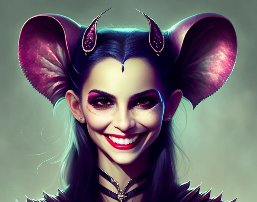 Digital artwork of a smiling woman with oversized ears and gem on forehead