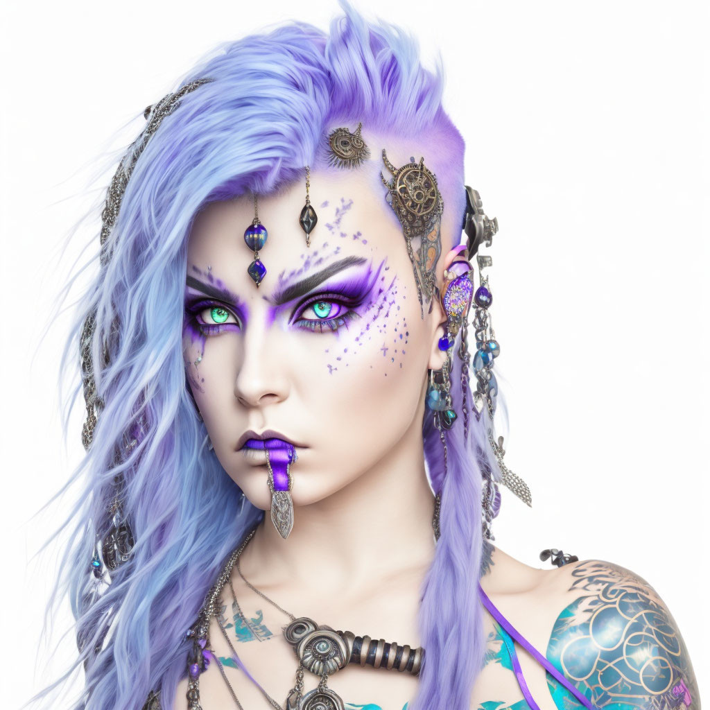 Portrait of a person with purple hair, violet eyes, elaborate makeup, tattoos, jewelry, and pier